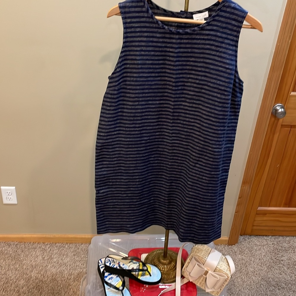 JJILL LOVE LINEN SHEATH DRESS IN NAVY WHITE STRIPE SIZE MP